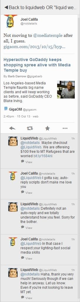 Screenshot of the October 15, 2013 Twitter exchange between Joel Califa (@notdetails) and @LiquidWeb about Media Temple