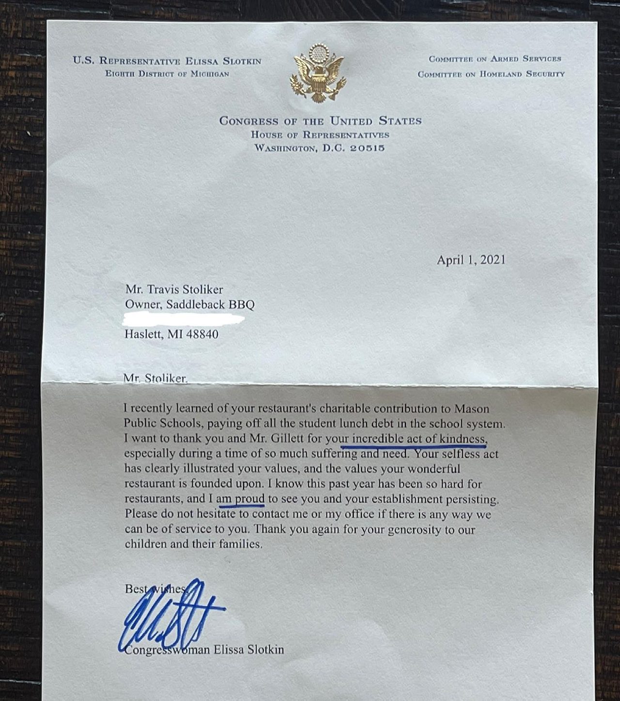 Congresswoman Elissa Slotkin letter to Travis Stoliker