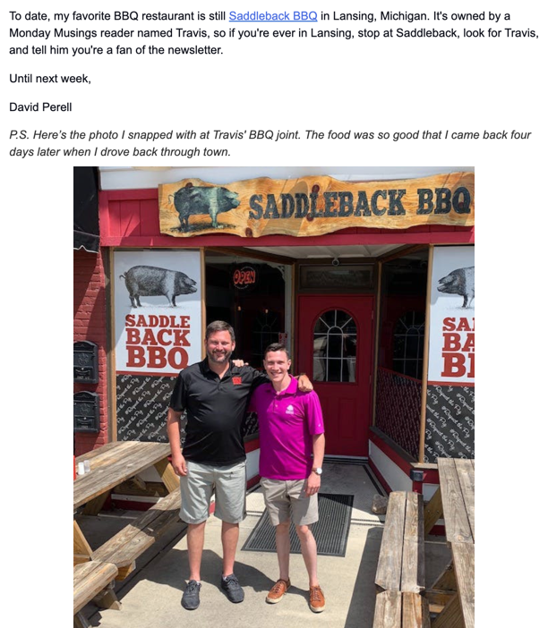 David Perell Monday Musings newsletter — original screenshot showing the newsletter text and the photo Perell took at Saddleback BBQ — September 29, 2020
