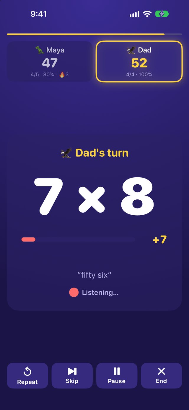 The game asking 7 × 8 with a points countdown and two players' scores
